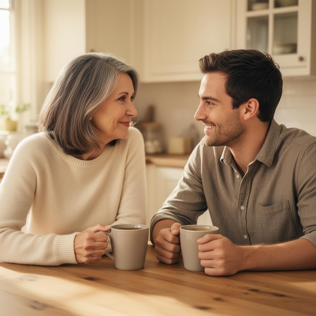A mother and her adult son sitting at a kitchen table over coffee, sharing a heartfelt conversation